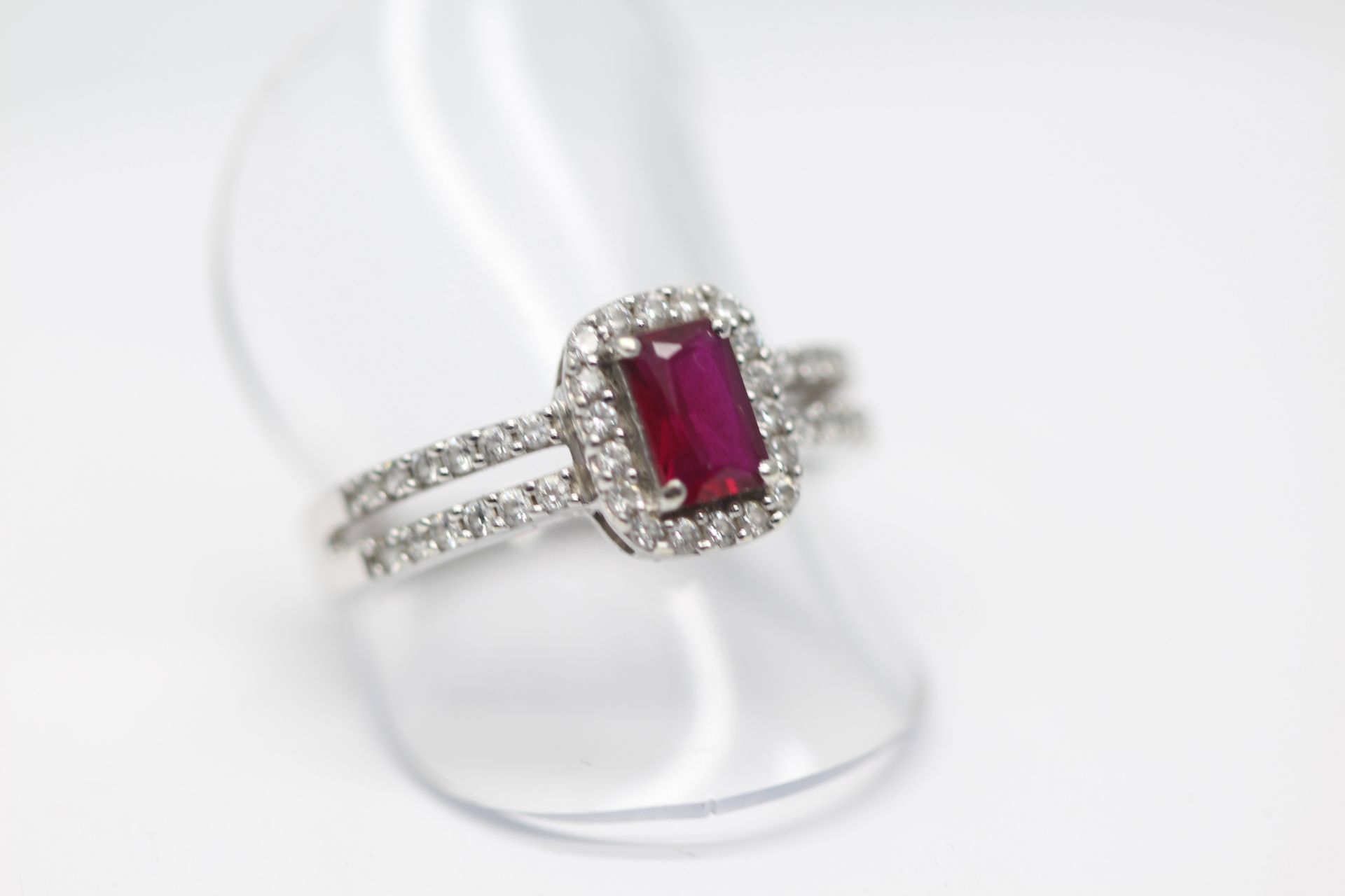 SOLID WHITE GOLD LADIES RING SET WITH A SINGLE EMERALD CUT NATURAL RED RUBY WITH DIAMONDS (PV-JH) - Image 2 of 3