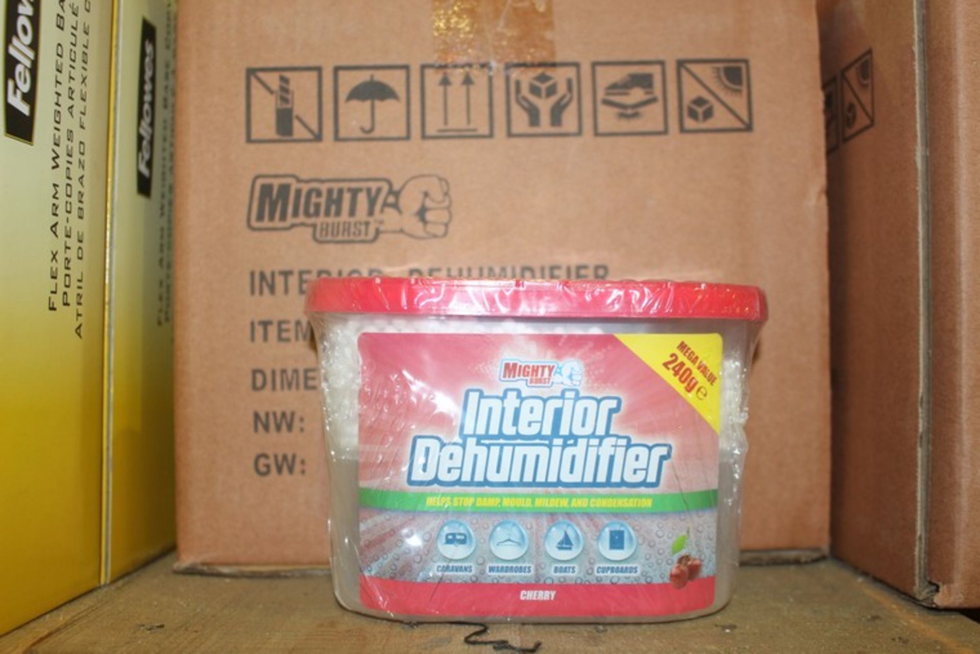 1 x BOX TO CONTAIN 12 BRAND NEW MIGHTY BURST INTERIOR DE HUMIDIFIERS (IN ASSORTED SCENTS) *PLEASE