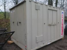 14ft x 8ft Armadillo canteen/toilet, hitch, drawbar & axle missing (13720) c/w 6kva Stephill