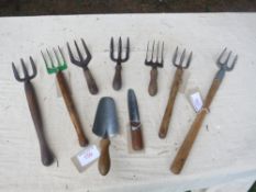 7 no. Assorted long and short-handled forks and 2 no. trowels
