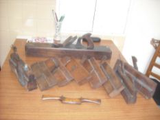 Eight wooden moulding planes, a jack plane and shaves
