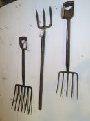 Long-handled 5-prong fork, a 6-prong fork and a long-handle 3-prong fork