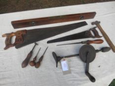 9 no. assorted old hand tools including hand drills, spirit level, etc.