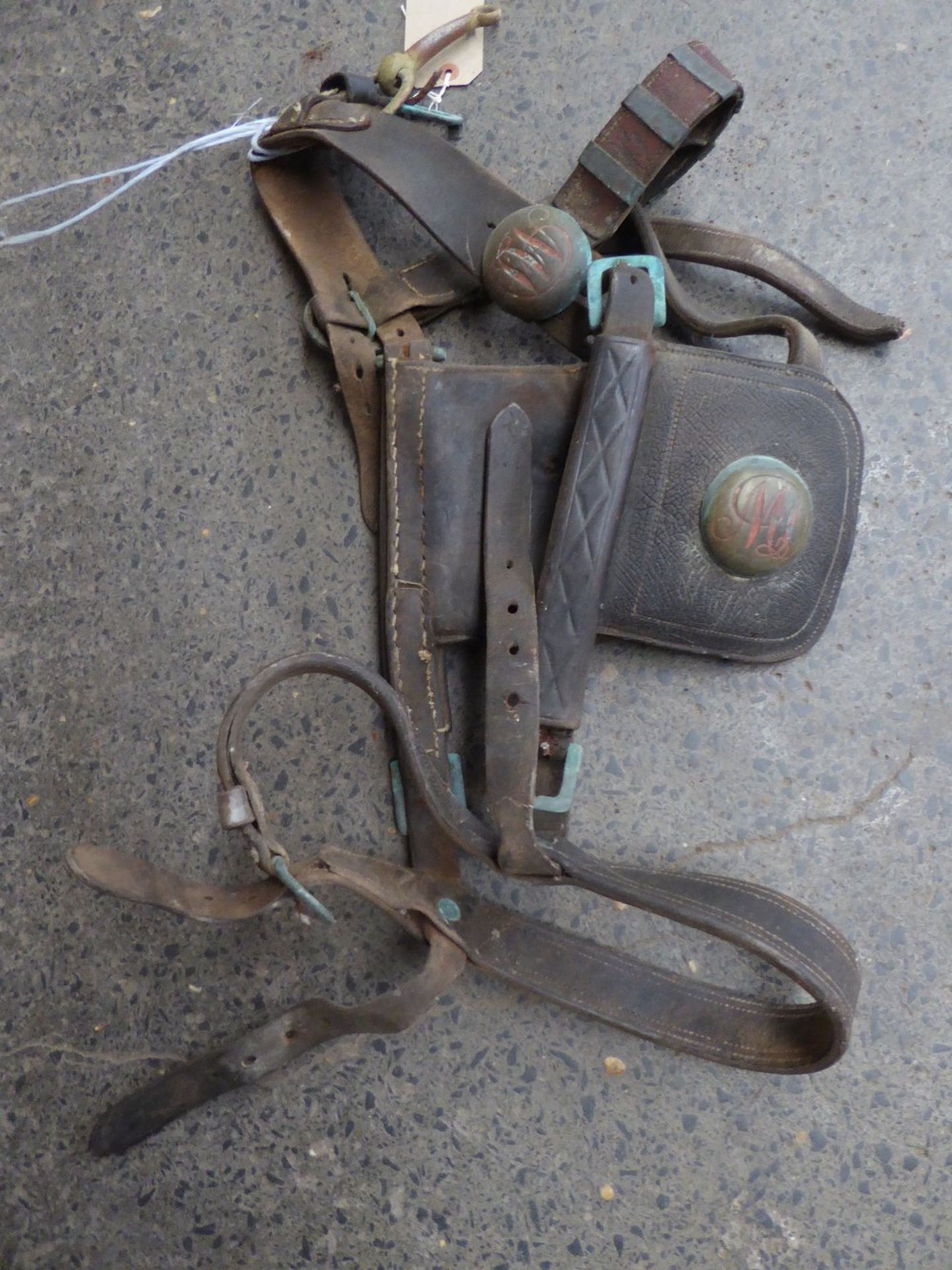 Vintage heavy horse bridle with rosettes monogrammed 'MD