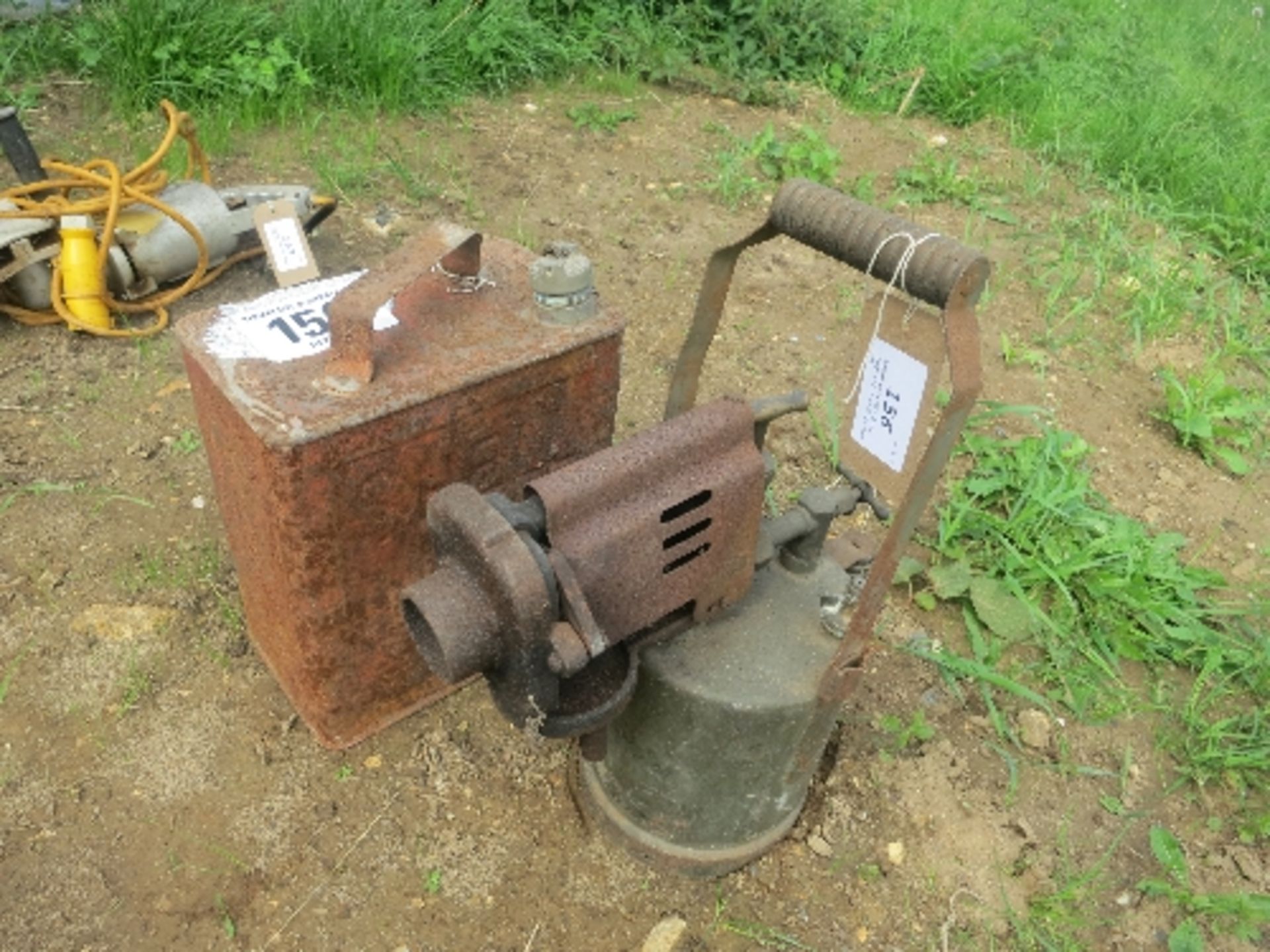 Large paraffin blow lamp and 2 gall petrol can
