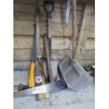 Assorted hand tools, pick axe, sledge hammer, bow saw etc