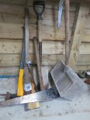 Assorted hand tools, pick axe, sledge hammer, bow saw etc