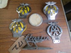 Austin car and bonnet badges plus 4 AA car badges & 1 tax disc holder