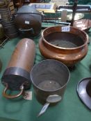 Hammered copper container, copper jardinere & a copper ice cream maker