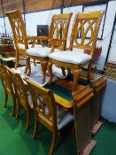 Exotic veneer extending dining room table with 2 leaf extensions, on twin pedestal plus 4 chairs & 2
