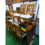 Exotic veneer extending dining room table with 2 leaf extensions, on twin pedestal plus 4 chairs & 2