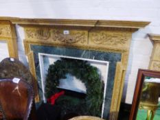 Pine hand-carved fire surround with marble inset & marble hearth, opening 32.5' x 36', overall