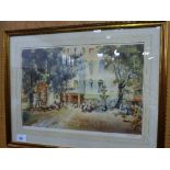 Framed & glazed signed print by A William Brown, continental market scene, in gilt frame, 34' x 26.