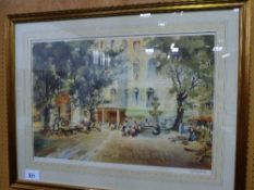 Framed & glazed signed print by A William Brown, continental market scene, in gilt frame, 34' x 26.