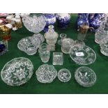 13 items of cut glass; claret jug, fruit bowl on stand, 5 bowls, covered urn, large covered pot,