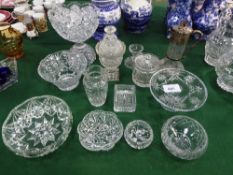 13 items of cut glass; claret jug, fruit bowl on stand, 5 bowls, covered urn, large covered pot,