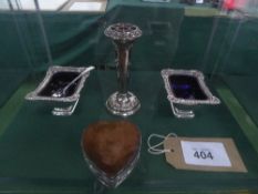 Silver plated specimen vase, 2 silver plated & blue glass lined dishes & a silver plated heart-