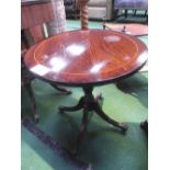 Mahogany wine table on 4 splay legs to castors, 19' diameter