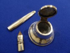 Small silver inkwell with glass liner & silver pencil case