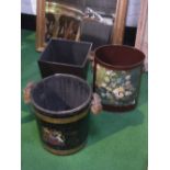 Wooden brass bound bucket with rope handle & coat of arms & 2 waste paper baskets