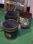 Wooden brass bound bucket with rope handle & coat of arms & 2 waste paper baskets