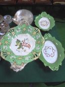 2 German porcelain dishes, a similar porcelain dish on stand & large mother of pearl shell on