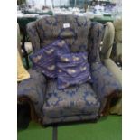 Mahogany framed blue & gold upholstered wing armchair