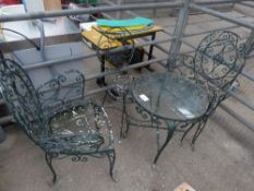 Iron work garden furniture of circular table with glass top, a chair & 2 armchairs