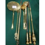 Brass chestnut roaster, toasting fork, 2 long spoons, 2 fire pokers & a brass twisted rail