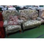 2 seat green & gold upholstered wing back sofa with matching armchair