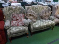 2 seat green & gold upholstered wing back sofa with matching armchair