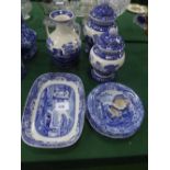 Large Spode Blue Tower ginger jar with lid (rim damaged & repaired), medium Spode Blue Tower