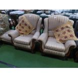 2 mahogany framed wing armchairs plus matching footstool