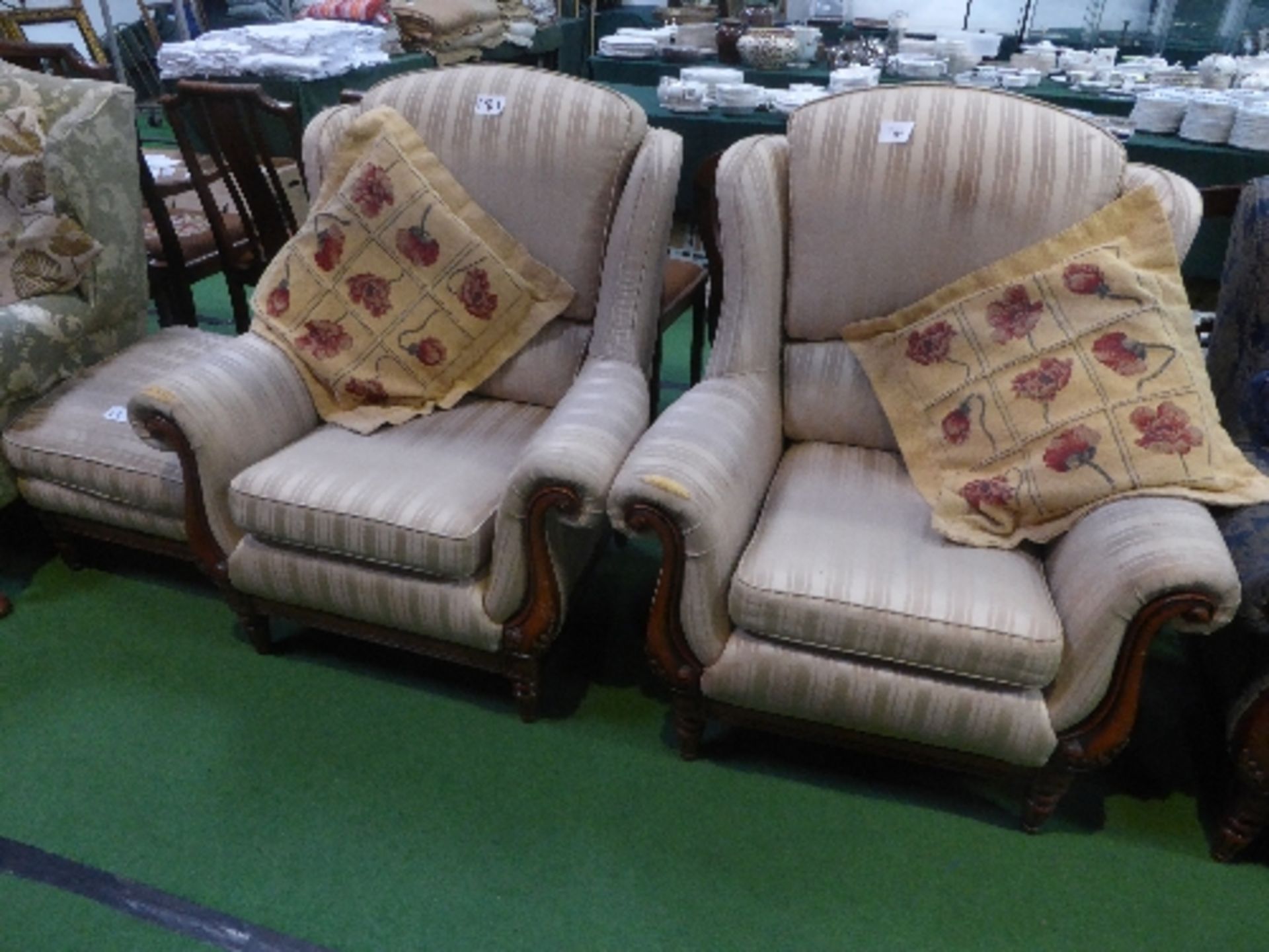 2 mahogany framed wing armchairs plus matching footstool