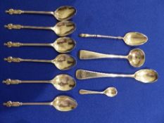 6 silver Apostle spoons, 1.11ozt, 3 silver condiment spoons, 0.155ozt & an 800 silver marked