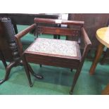 Mahogany piano chair with rising lid on tapered legs & inlaid stringing