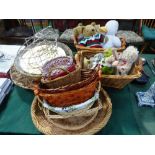 Qty of wicker baskets, soft toys, gold coloured plastic plates & a bottle carrier
