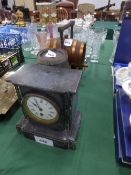 Marble mantle clock, a/f & 2 barrel containers & cups