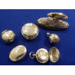 3 silver trinket boxes, silver coin holder, silver bell & a silver nail buffer