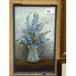 Oil on board in ornate plaster frame of still life flowers in a jug, signed A Noble