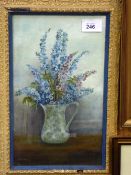 Oil on board in ornate plaster frame of still life flowers in a jug, signed A Noble