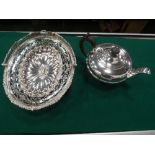 Silver plated teapot & a silver plated pierced & decorated bon-bon dish