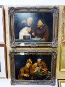 2 oilographs of Monks reading Punch & Monks eating, by Harry Brock, 1905, in ornate plaster frames