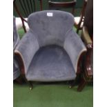 Mahogany framed blue velour type tub chair on castors