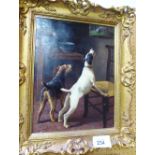 Oil on canvas of 2 dogs teasing a parrot in a cage, in an ornate gilt frame, signed A Duke