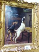Oil on canvas of 2 dogs teasing a parrot in a cage, in an ornate gilt frame, signed A Duke