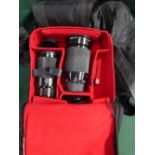 Camera lens bag c/w Olympus Sun 1A 72mm lens & Tamron 1:3.8 80-210mm zoom lens, a camera case & a