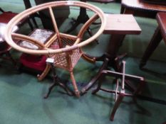 Circular bamboo table base, mahogany pedestal table base on castors, tray table base & small wine