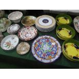 Qty of various china plates, bowls, cheese dish, 2 ginger jars & 2 silk oriental wall hangings