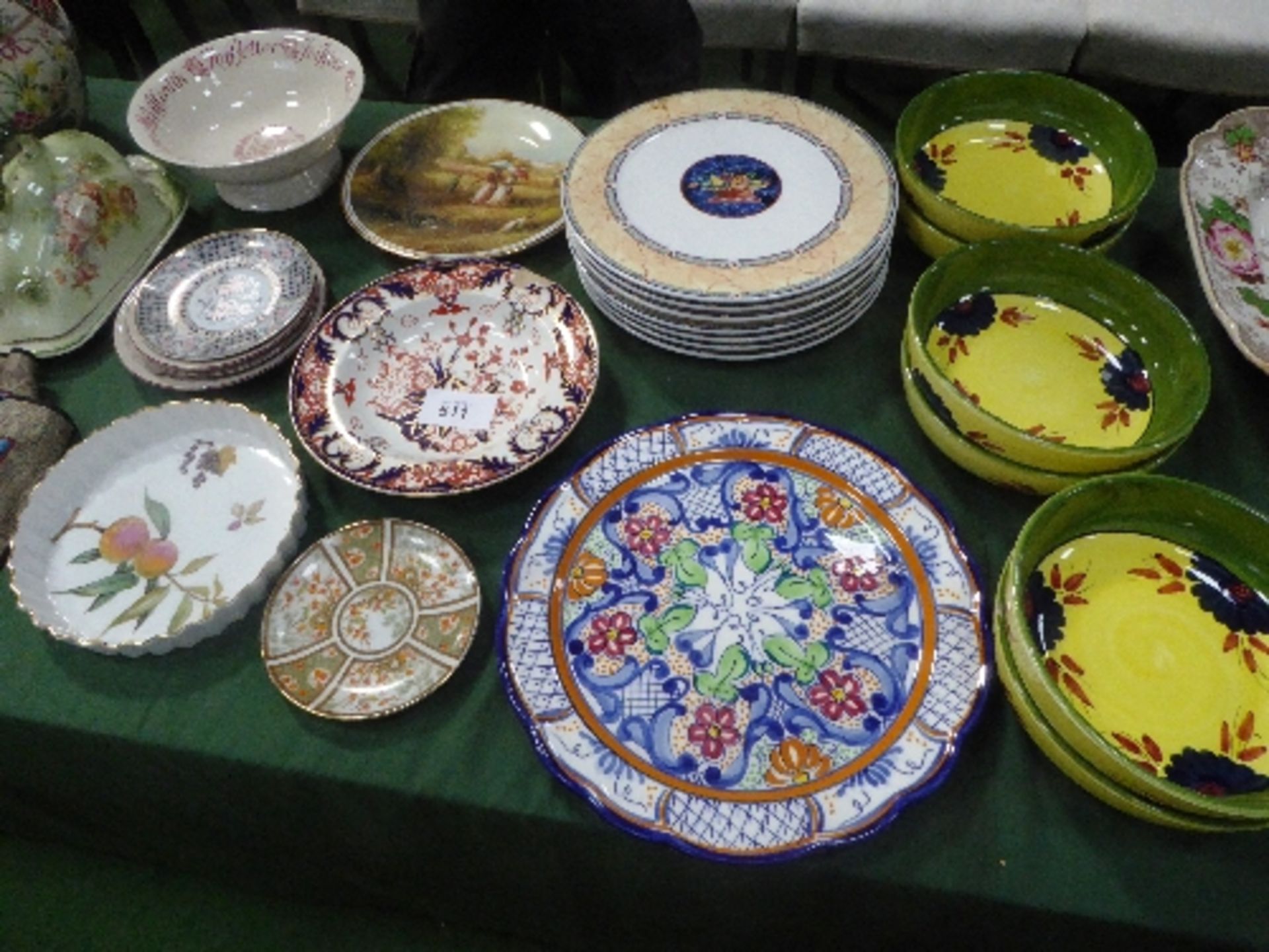 Qty of various china plates, bowls, cheese dish, 2 ginger jars & 2 silk oriental wall hangings